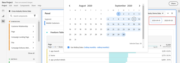 Kalenderfönstret som visar det valda datumintervallet.