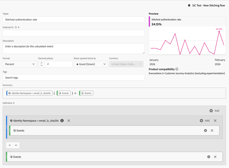 Utvärderad autentiseringsfrekvens beräknad för måttdefinition