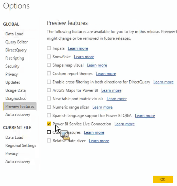 Klicka på Power BI Service Live Connection och klicka sedan på OK.
