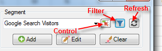 Skärmbild som visar segmentalternativen Lägg till, Redigera eller Rensa segment och markerar ikonerna Kontroll, Filter och Uppdatera.