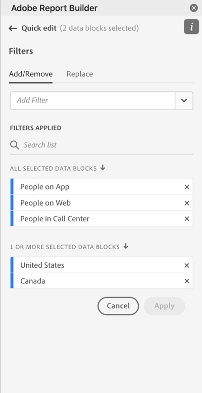 På segmentpanelen visas fältet Lägg till segment och listor med tillämpade segment.