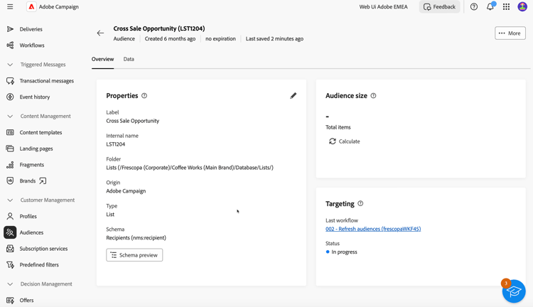 Skärmbild som visar målgruppsinformation, inklusive profiler och anpassningsalternativ.