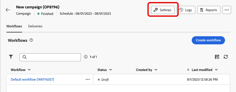 Skärmbild som visar inställningsknappen för en kampanj