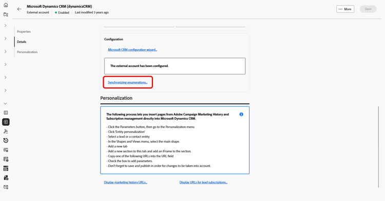 Skärmbild som visar konfigurationsfälten för det externa kontot i Microsoft CRM.