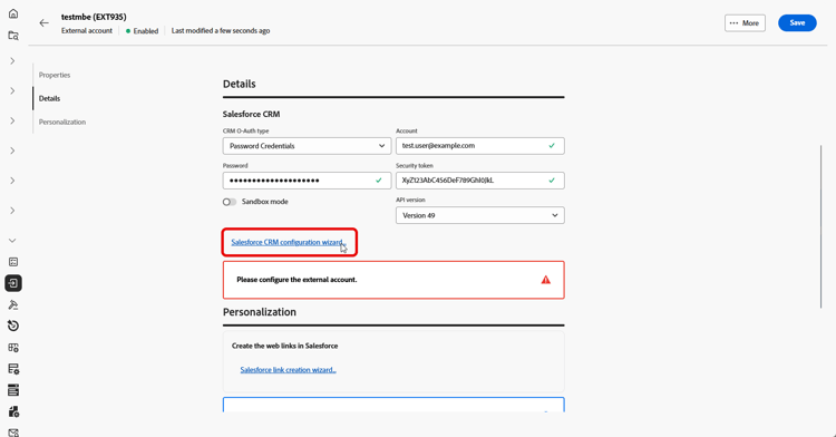 Skärmbild som visar konfigurationsfälten för det externa kontot i Salesforce CRM.