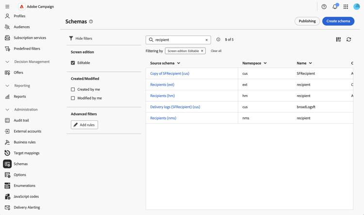 Visning av schemalista med tillgängliga scheman och filter