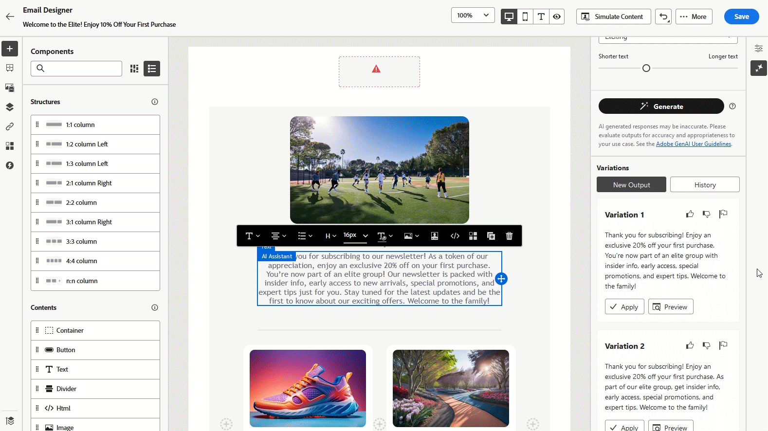 Demonstration av hur du förfinar innehållsvariationer med AI Assistant
