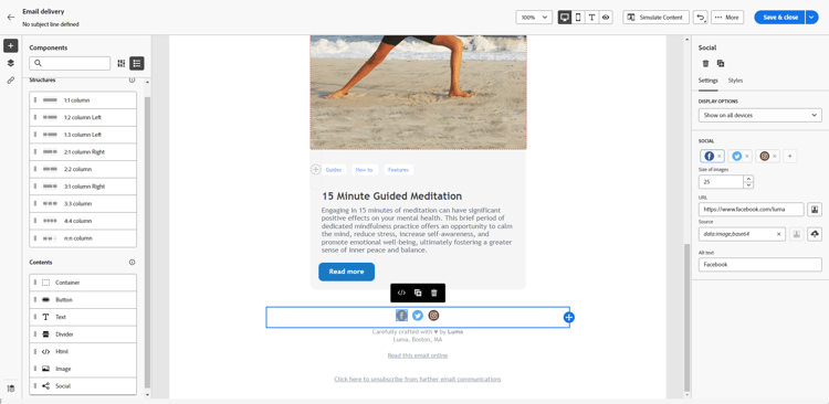 Skärmbild som visar URL-konfigurationen för ikoner för sociala medier i e-post-Designer.