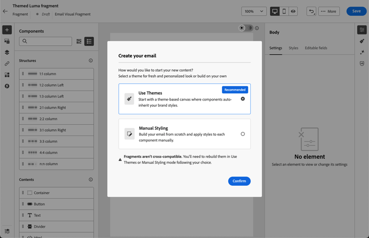 Alternativ för att starta Fragment-e-post för Designer med Använd teman markerat
