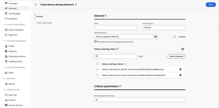 Skärmbild som visar alternativet Skapa kontrollpanel för leverans på menyn Leveransvarning.