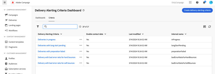 Lista med varningsvillkor som visas på menyn Leveransvarning