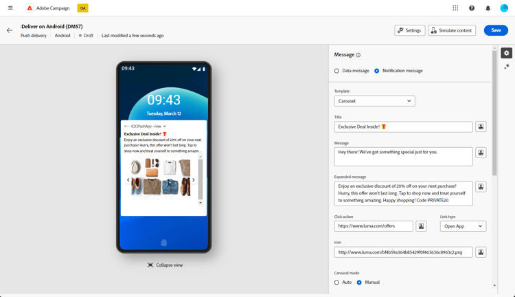 Skärmbild av sidan Leverera på Android
