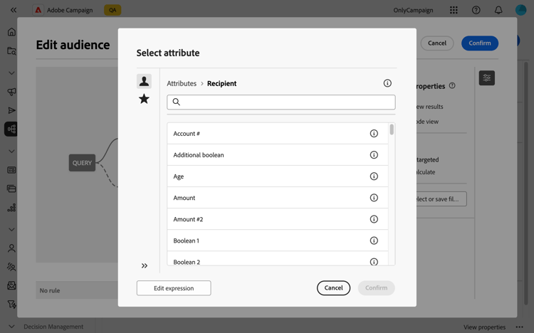 Välj attribut från databasgränssnittet och visa attributalternativ.