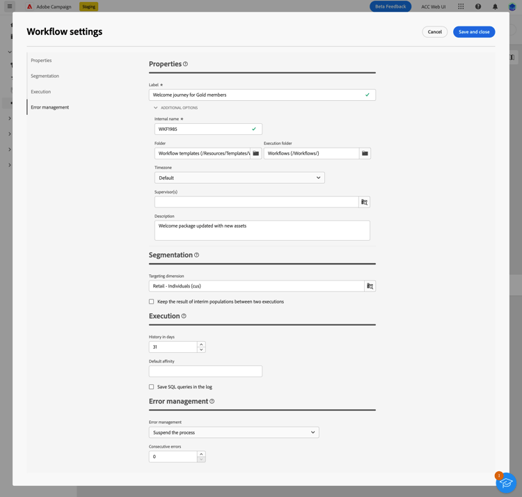 Skärmbild som visar inställningarna för mapp och körningsmapp i arbetsflödesmallen.