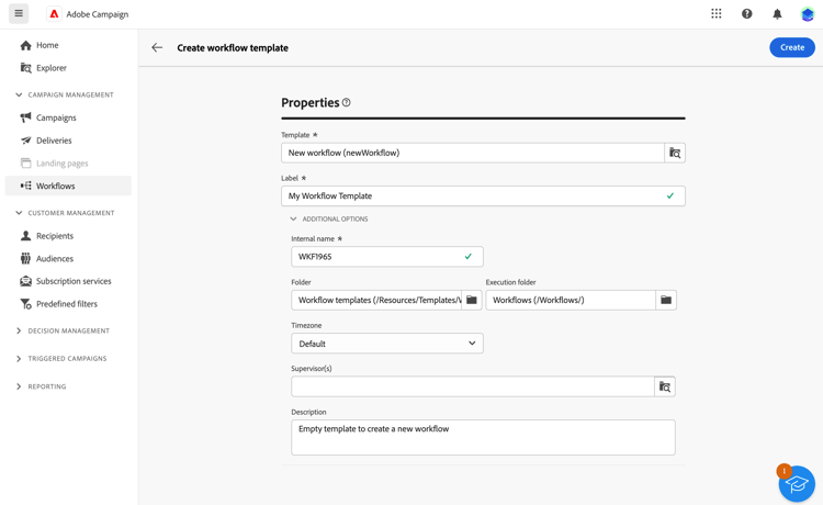 Skärmbild som visar hur en ny arbetsflödesmall med inställningar för mapp och körningsmapp skapas.