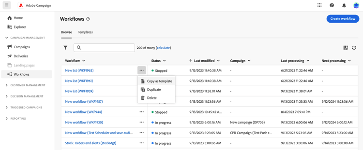 Skärmbild som visar alternativet Kopiera som mall på arbetsflödesmenyn.