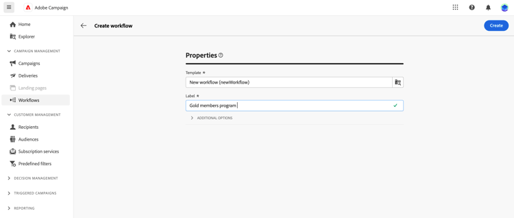 Skärmbild som visar knappen Skapa arbetsflöde i skärmens övre högra hörn.