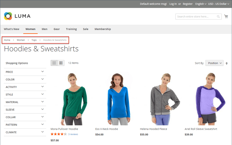 Breadcrumb-spår visas i storefront