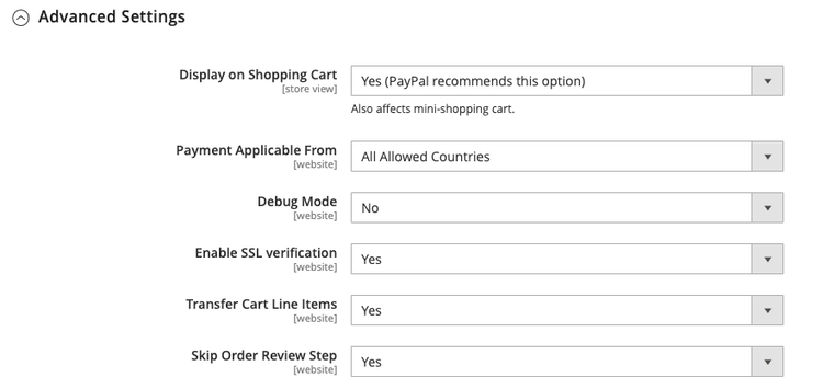 Avancerade inställningar för PayPal Express-utcheckning