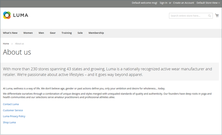Sidan Om oss som ingår i Luma-exempelarkivet