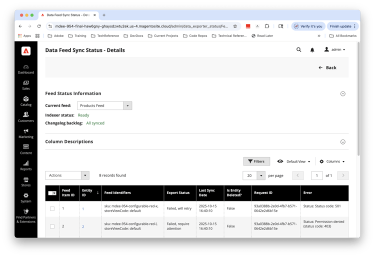 Data Feed Sync Status - Details sida med statusrapportering för feed-objekt