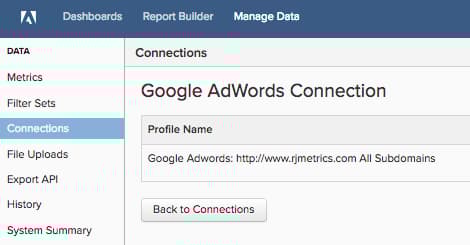 Dialogrutan för Google AdWords-anslutning med profilval