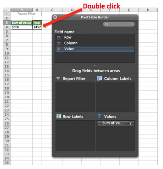 Listan med pivottabellfält i Excel som visar dubbelklickningar för att expandera
