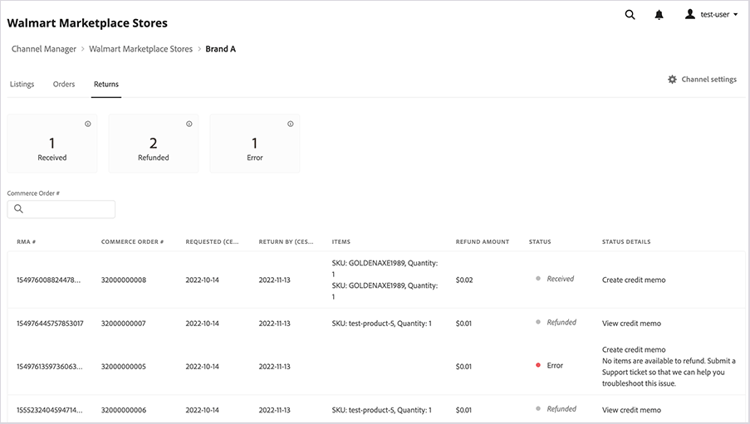 Kanalhanteraren returnerar instrumentpanelen för att bearbeta återbetalningar för returbegäranden som tagits emot från Walmart Marketplace