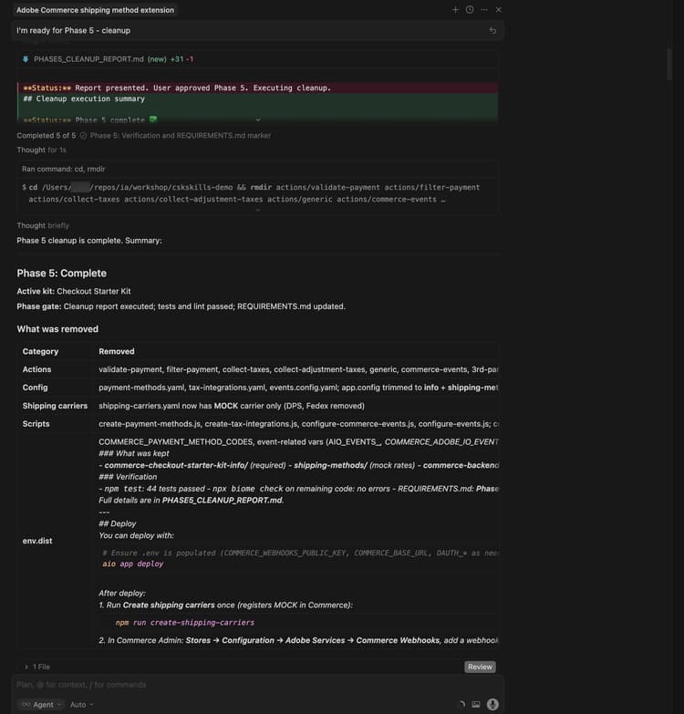 AI Agent Phase 5 - rensningsrapport som visar borttagna och lagrade komponenter