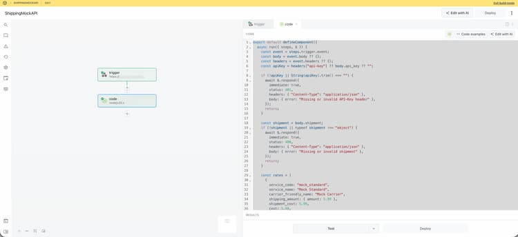Pipedream Code step with mock shipping rate script