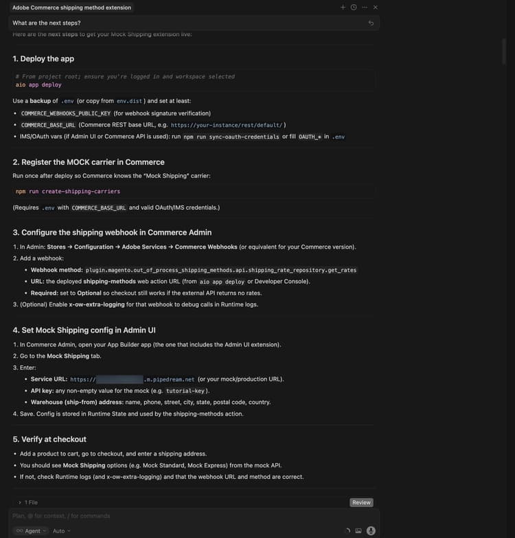 AI-agent - beredskap för fördistribution och distributionssteg för Mock Shipping Extension