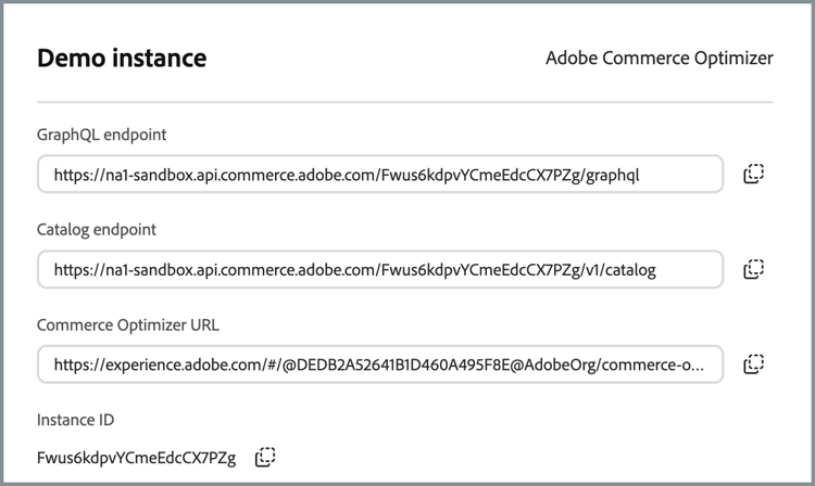 Panelen med instansinformation för Adobe Commerce Optimizer som visar slutpunkter och instans-ID