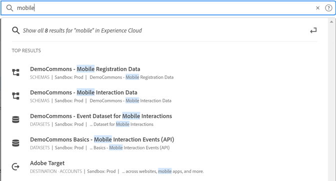 Enhetlig sökning i Experience Cloud