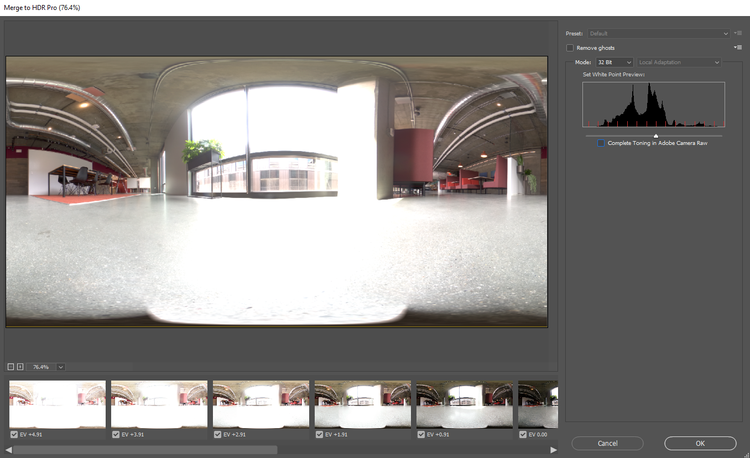 Förhandsgranskningsskärmen Lägg samman till HDR Pro i Adobe Photoshop