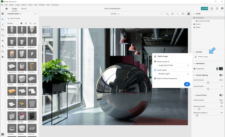 Använda funktionen Matcha bild i Adobe Dimension för att återge en 3D-metallsfär med miljöbelysning från ett HDR-panorama