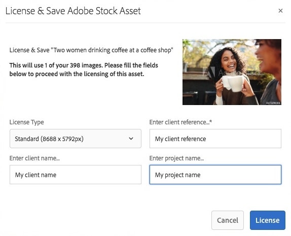 Dialog där du kan licensiera och spara Adobe Stock resurser i Experience Manager Assets