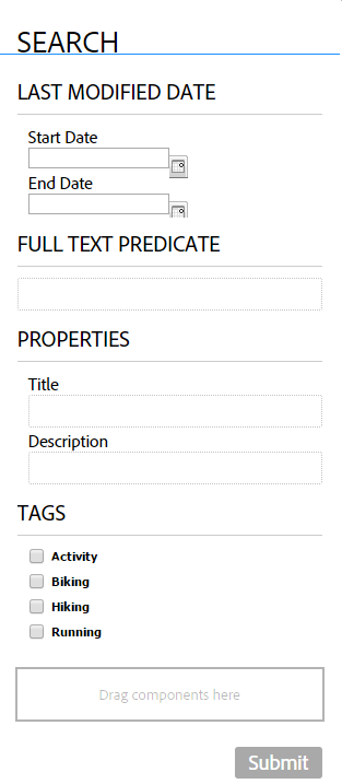 Sökpanel med predikatet Datum, Fullständig text, Egenskaper och Taggar