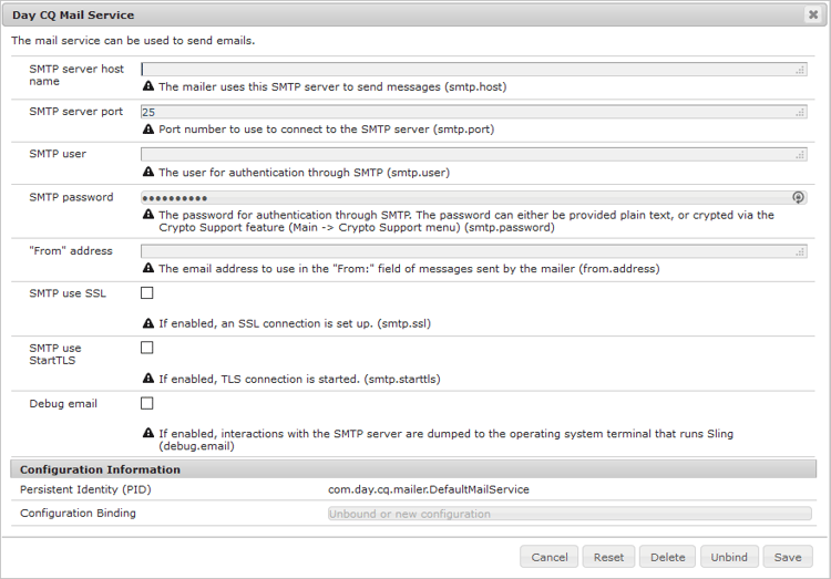 Konfigurationsfönstret Day CQ Mail Service OSGi