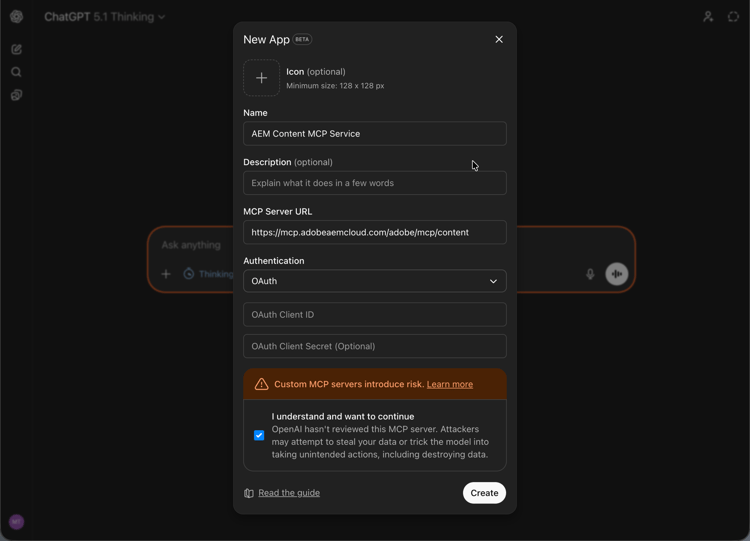 Konfigurera ChatGPT - Program och anslutningar - ny app