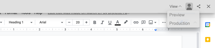 The environment switcher on a sidekick in Google Docs.