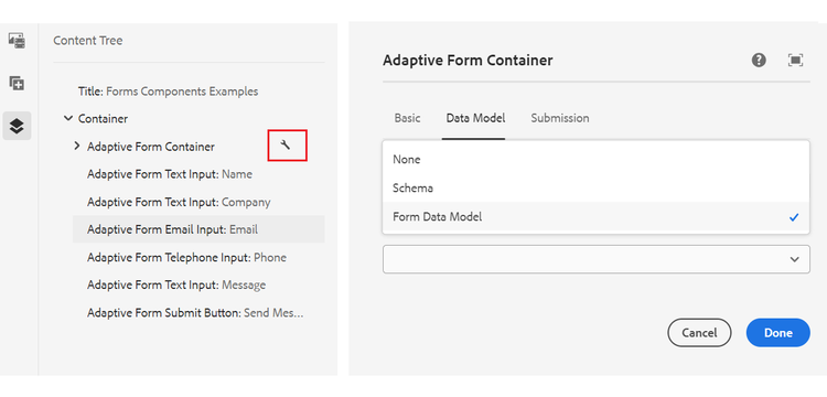 Klicka på skiftnyckelsikonen för att konfigurera datamodeller för det adaptiva formuläret