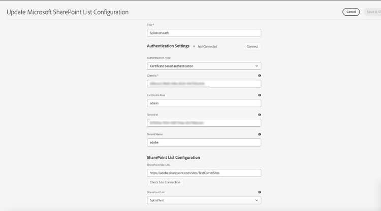 SharePoint List-konfiguration med certifikatbaserad autentisering