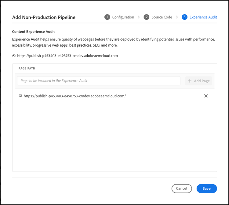 Fliken Experience Audit (Upplevelsegranskning) i dialogrutan Add Non-Production Pipeline (Lägg till icke-produktionsförlopp)