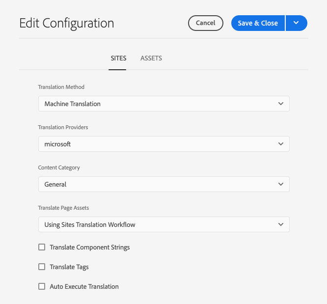 Konfigurationsegenskaper för översättning