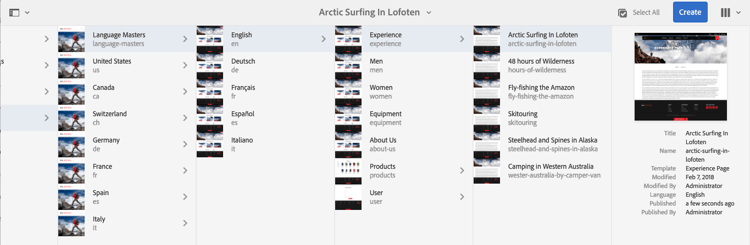 Sidpubliceringsstatus i kolumnvy i webbplatskonsolen