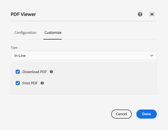 Anpassa behållaralternativet för tabbstorlek i redigeringsdialogrutan för komponenten PDF Viewer