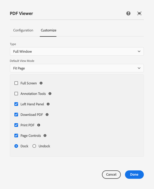 Anpassa flikens alternativ för hela fönster i redigeringsdialogrutan för komponenten PDF Viewer