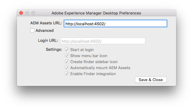 Autentisera på Mac och ange Experience Manager server-URL