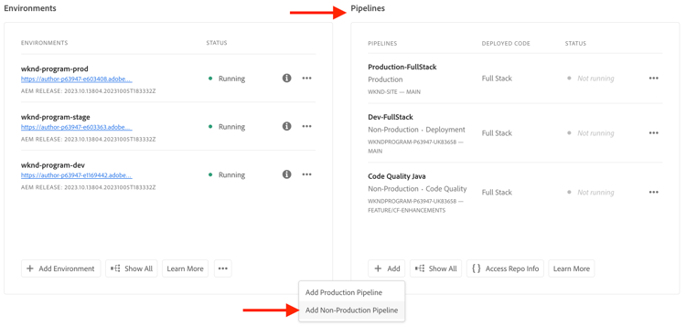 Cloud Manager Pipelines-kort