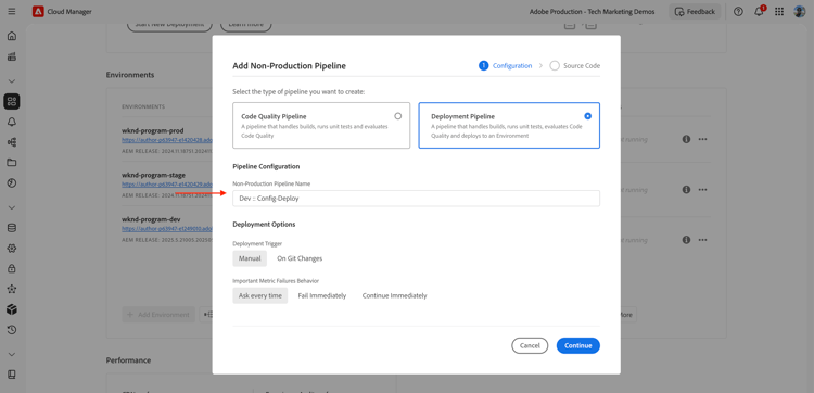 Dialogrutan Cloud Manager Config Pipeline